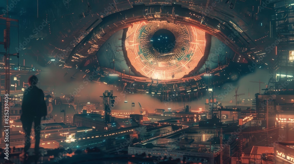 Futuristic cityscape with a giant eye in the sky Futuristic cityscape with a giant eye in the sky