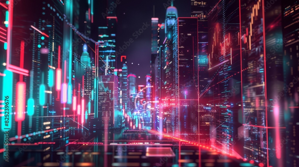 Futuristic cyberpunk city with glowing neon lights and charts for technology, finance or metaverse related designs