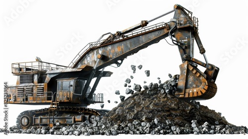 a giant CAT mining escavator dropping a pile of rocks, isolated on a white background
