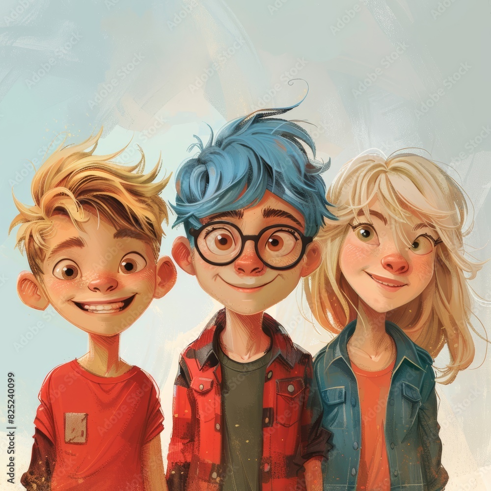 a group of children, cartoon drawing style, playful and active a group of children, cartoon drawing style, playful and active