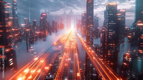 Futuristic cyberpunk city with glowing neon lights for technology or sci-fi designs