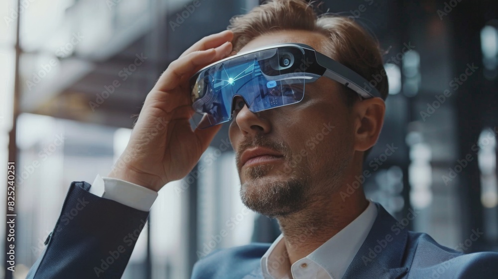 A businessman using augmented reality glasses. A businessman using augmented reality glasses.