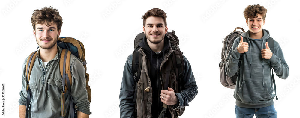 Fototapeta premium Set of Young handsome students smiling with bag pack isolated on transparent background