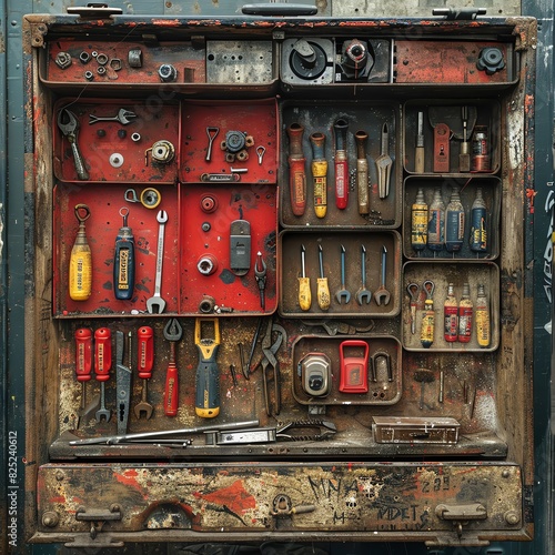 Organized vintage toolbox with assorted hand tools including screwdrivers, wrenches, and pliers, neatly arranged in various compartments.