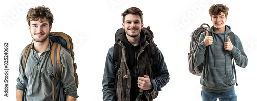 Set of Young handsome students smiling with bag pack isolated on transparent background
