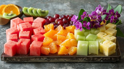 Vibrant Fruit Rainbow: Playful Square-Cut Watermelon, Orange, and Pineapple Arrangement