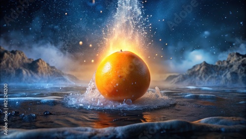 Fresh orange fruit with water splashing against geyser background