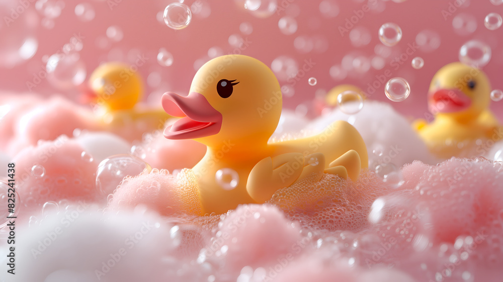 Yellow rubber duck floating in soap foam on pink. Dreamy pink bath scene with a playful yellow rubber duck amidst bubbles. Cute duck surrounded by foamy bubbles, perfect for nursery and bath products Yellow rubber duck floating in soap foam on pink. Dreamy pink bath scene with a playful yellow rubber duck amidst bubbles. Cute duck surrounded by foamy bubbles, perfect for nursery and bath products
