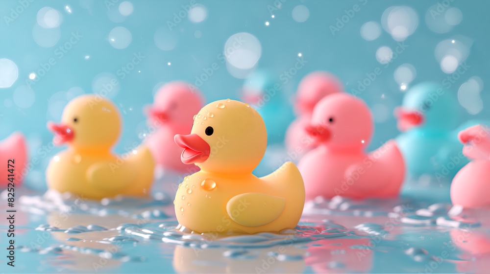 Colorful rubber ducks in a watery scene with bubbles. Yellow and pink ducks floating in water, great for illustrating bath time, kids products, children themes, nursery, bath products Colorful rubber ducks in a watery scene with bubbles. Yellow and pink ducks floating in water, great for illustrating bath time, kids products, children themes, nursery, bath products