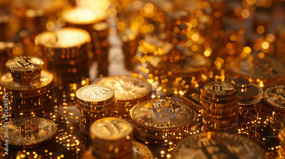 A table is overloaded with shiny gold coins, creating a striking and opulent display. A table is overloaded with shiny gold coins, creating a striking and opulent display.