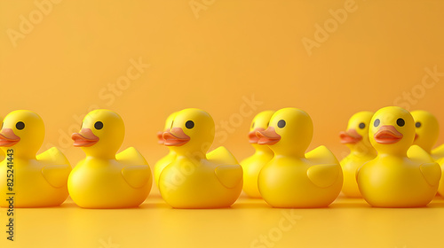 Line of yellow rubber ducks on yellow background, copy space. Seamless row of ducks, perfect for patterns and repetitive designs for children themes, nursery and bath products © Klarisss