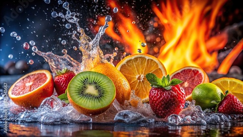 Fresh fruit splashing in water with lava background  close up