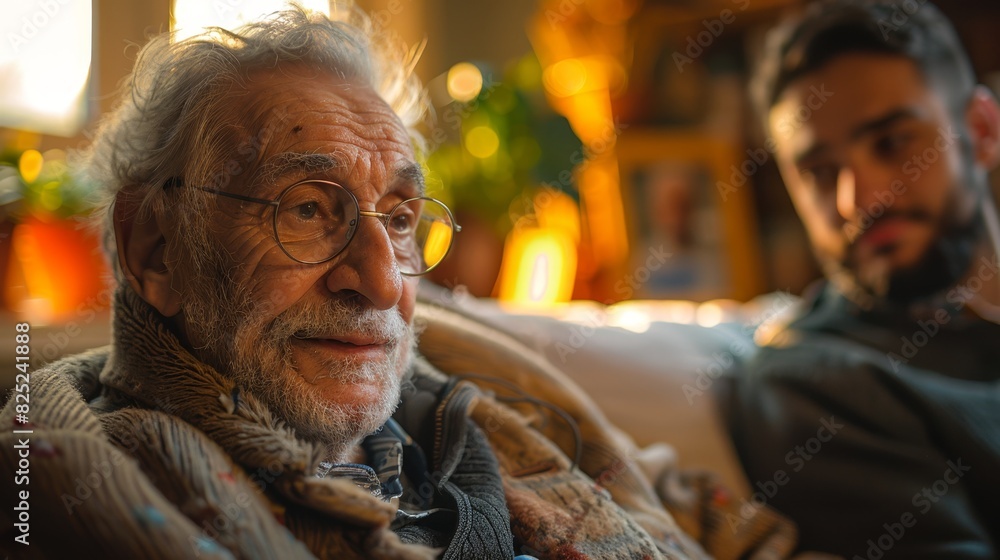 elderly care relationship, a peaceful senior man in a home, receiving daily care from a dedicated caregiver, surrounded by cherished photos on the nightstand elderly care relationship, a peaceful senior man in a home, receiving daily care from a dedicated caregiver, surrounded by cherished photos on the nightstand