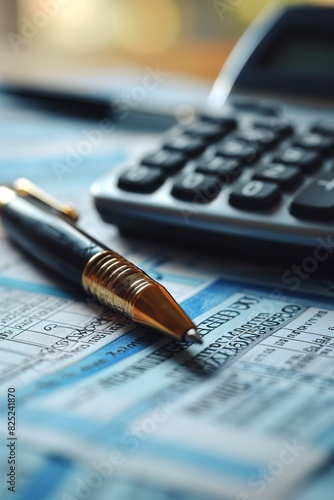 Close-up view of a financial calculator with a pen resting on top of a piece of paper, depicting a finance-related workspace