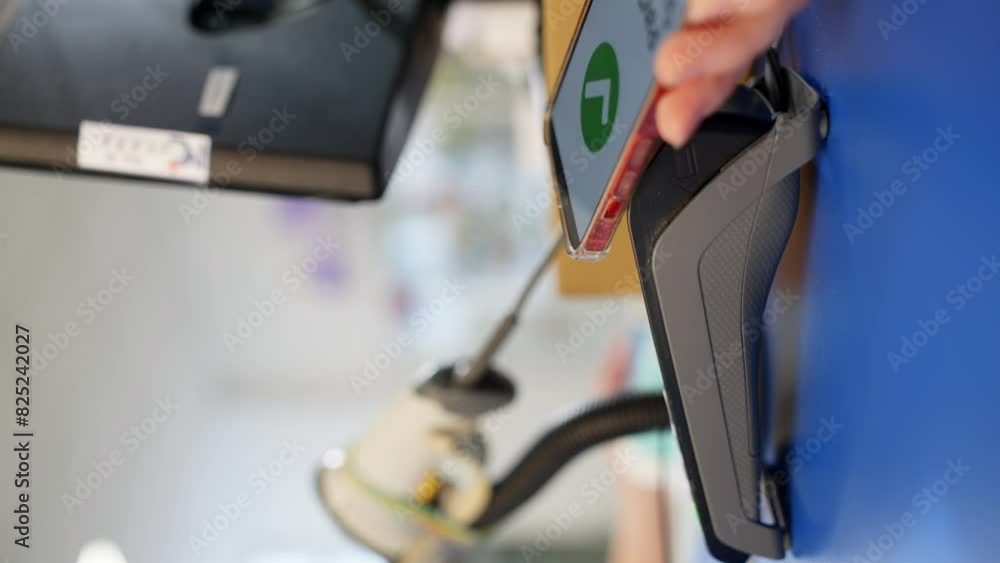 A vertical video showing a close-up of a phone payment. A simple and quick action for paying for goods through the terminal. High quality 4k footage A vertical video showing a close-up of a phone payment. A simple and quick action for paying for goods through the terminal. High quality 4k footage