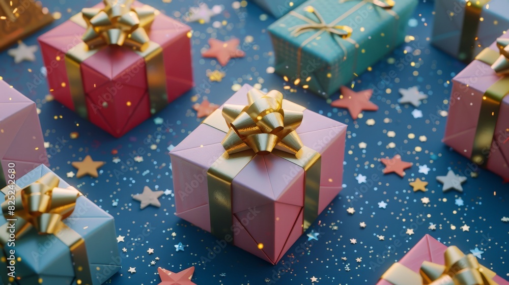 Colorful gift boxes with gold bows and ribbons placed on a festive background. Colorful gift boxes with gold bows and ribbons placed on a festive background.
