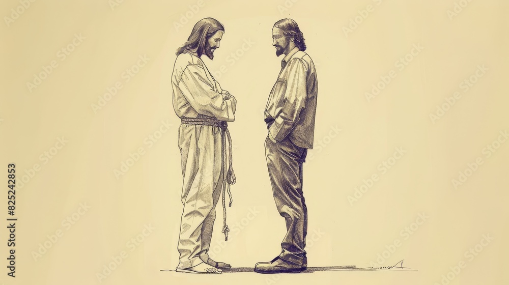 Obraz premium Jesus Standing Beside a Person Facing a Difficult Decision, Offering Guidance, Biblical Illustration of Support and Wisdom