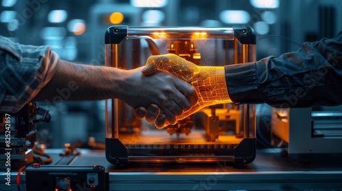 Architect Making a Deal with Technology: Male Architect Shaking Hands with 3D Printer for Architectural Manufacturing Success photo