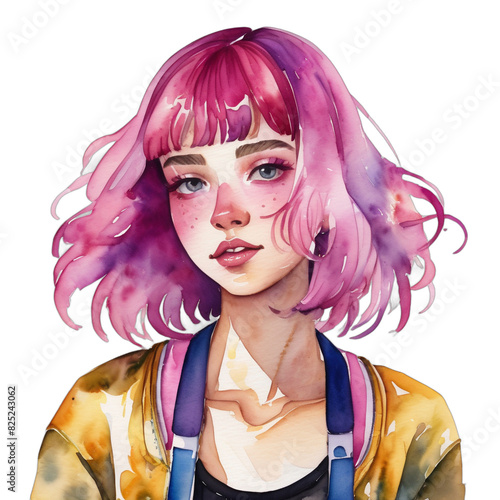Watercolor Painting Illustration Transparent .PNG of Czech LGBTQ+ Boyish body Magenta hair Layered Cut celebrating pride wearing Gold Non-binary romper suit