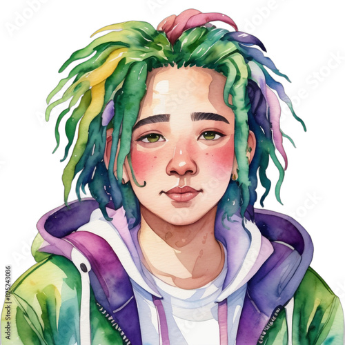 Watercolor Painting Illustration Transparent .PNG of Canadian LGBTQ+ Chubby body Green hair Dreadlocks celebrating pride wearing Lavender Genderfluid hooded parka