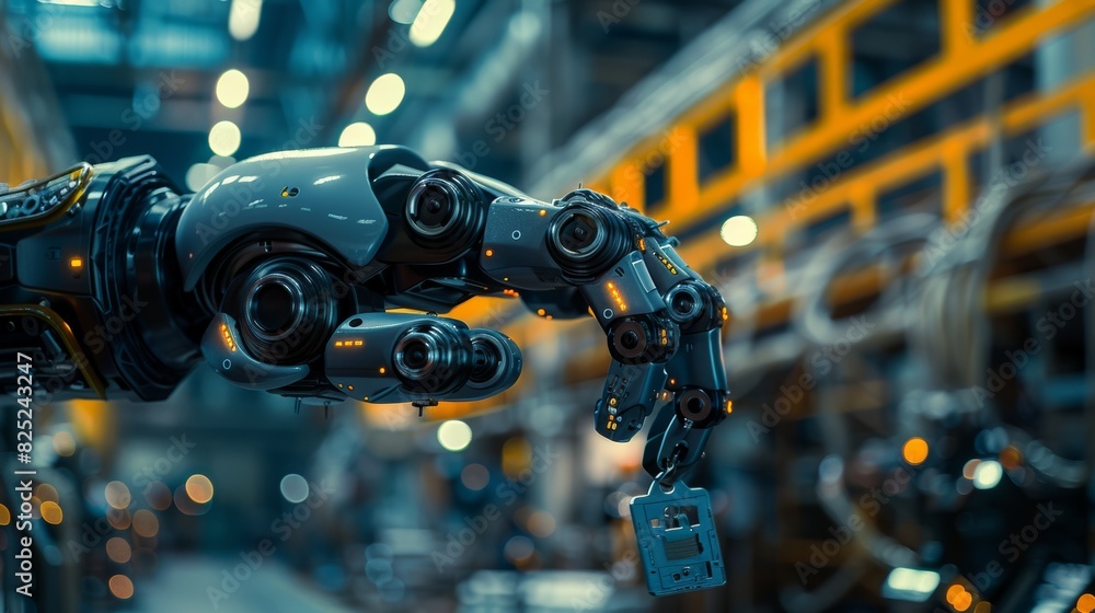 Fototapeta premium Futuristic robot hand holding a key card in a factory setting
