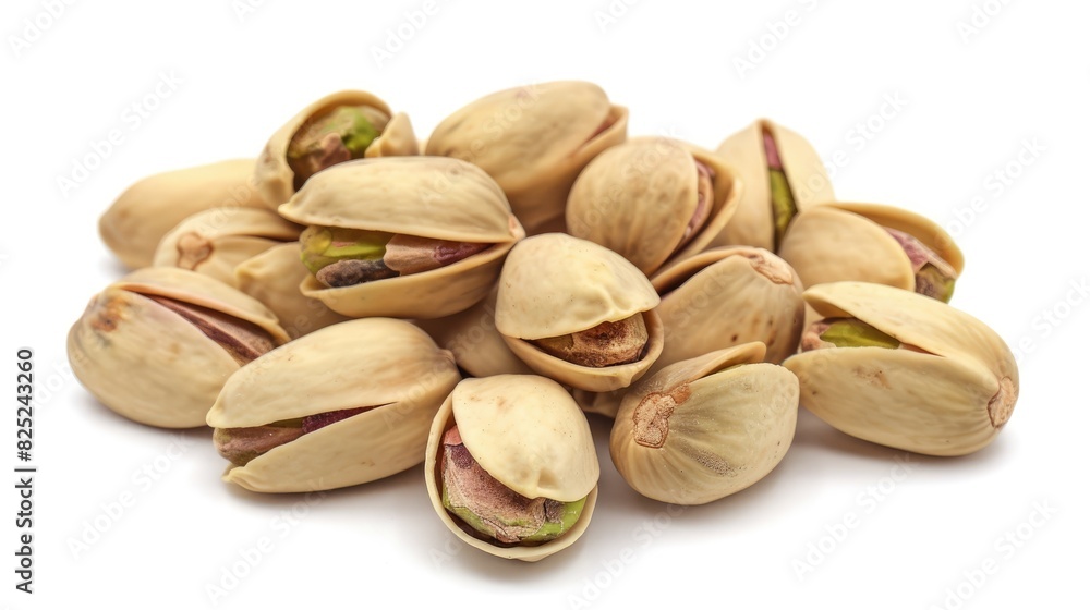 Pistachios in shell roasted and salted set against a white backdrop Pistachios in shell roasted and salted set against a white backdrop