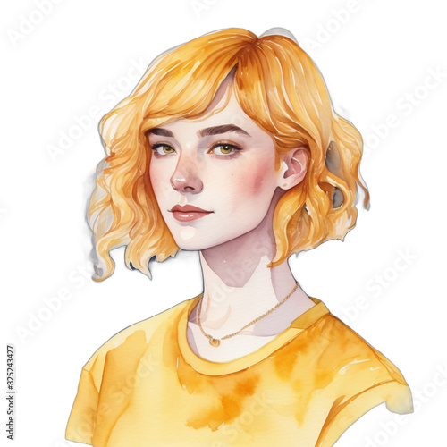 Watercolor Painting Illustration Transparent .PNG of Norwegian LGBTQ+ Apple-shaped body Amber hair Asymmetrical Cut celebrating pride wearing Canary yellow Trans blouse