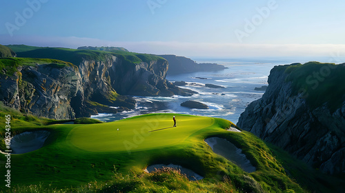 Beautiful golf course The fun of sports on green grass amidst the blue sea