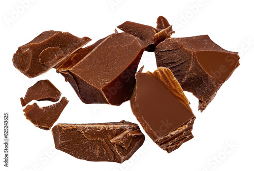 Chocolate pieces isolated on white.  Broken Chocolate bar Top view. Package design elements Flat lay. Top view..