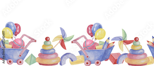 Toys seamless border, doll with pinwheel, humming top, balloons, blue cart and pencils ribbon clipart. Watercolor play objects wallpaper for nursery decor, fabric, baby shower, girl toddler room