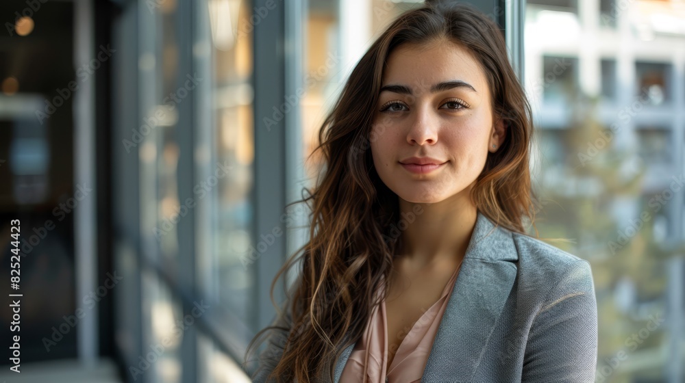 Smiling businesswoman in a bright modern office, ideal for themes of confidence, workplace happiness, and professional success. Smiling businesswoman in a bright modern office, ideal for themes of confidence, workplace happiness, and professional success.