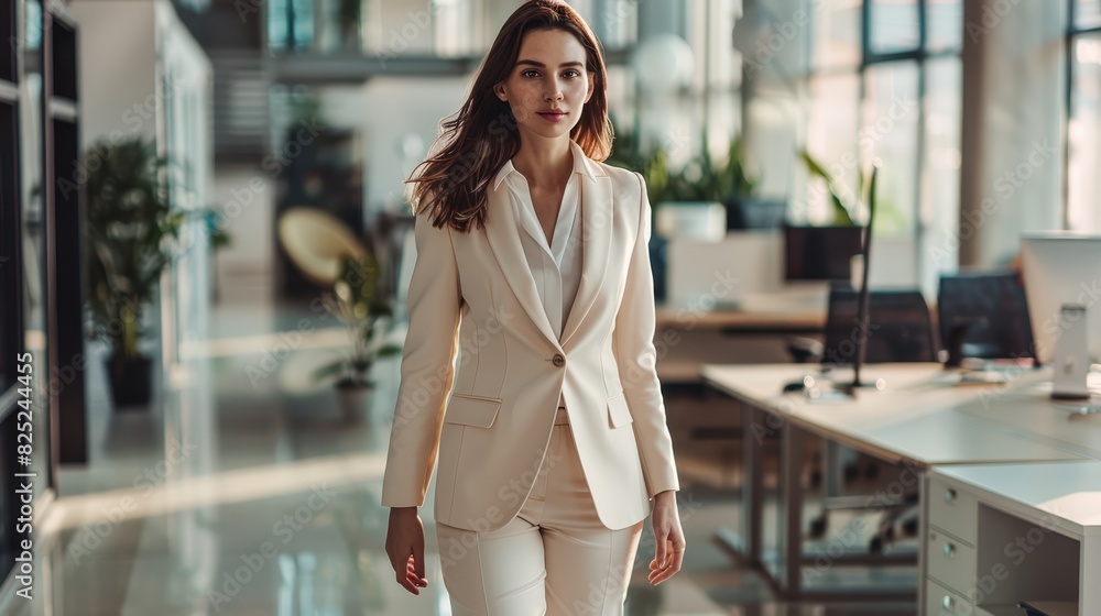 Fototapeta premium Stylish businesswoman walking in an office, perfect for business, fashion, and professional content.