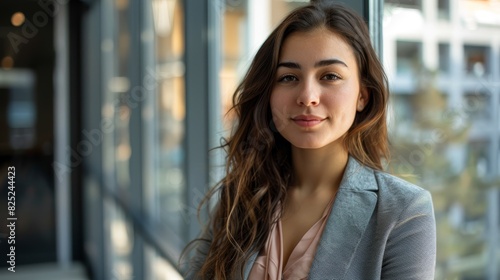 Smiling businesswoman in a bright modern office, ideal for themes of confidence, workplace happiness, and professional success. © mashimara