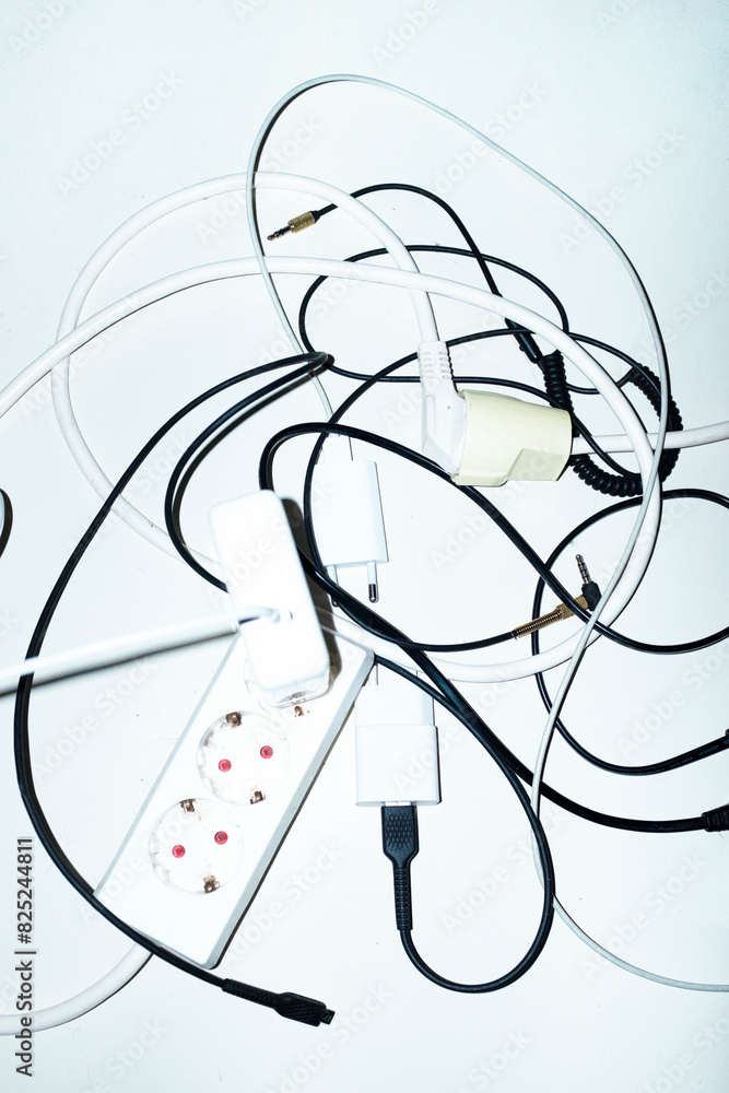 Wires, chargers and cords on a business office floor with flashlight Wires, chargers and cords on a business office floor with flashlight