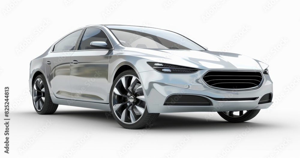 Obraz premium silver modern sedan concept car, isolated on white background, front threequarters angle photography Generative AI