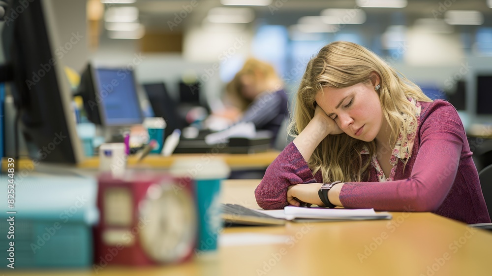 Young woman falling asleep at a desk in an office environment, with other workers blurred in the background. Young woman falling asleep at a desk in an office environment, with other workers blurred in the background.