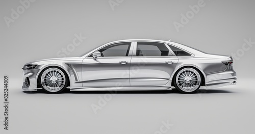 A silver, new model luxury sedan with chrome wheels and bodywork The car is set against an allwhite background Generative AI