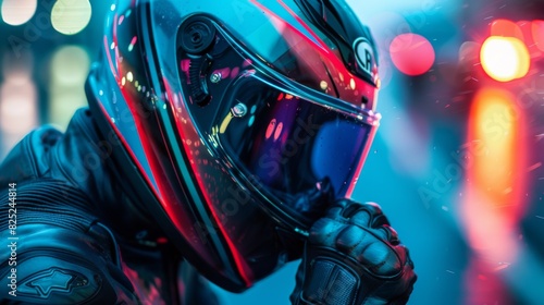 Speed Demon: Hand in Racing Glove Grasping Vibrant Motorcycle Helmet in Intense Light photo