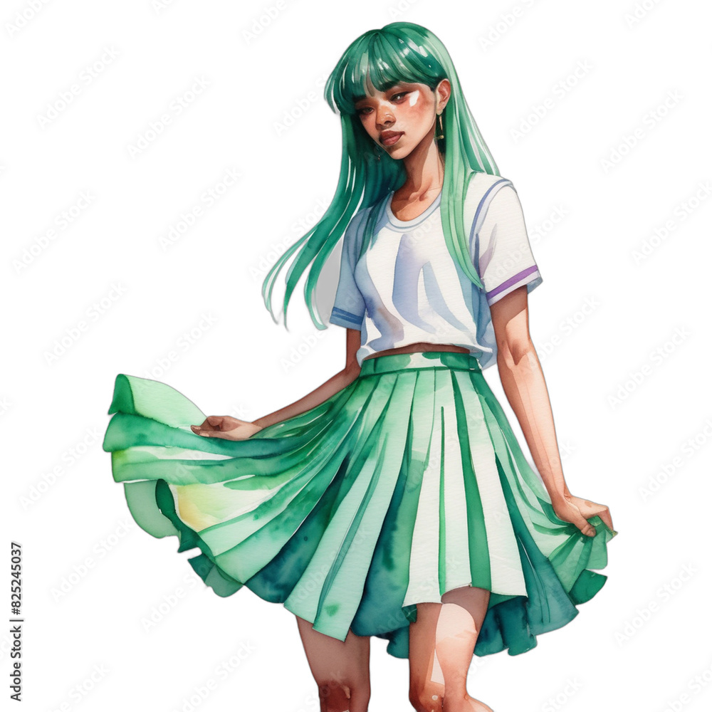 Watercolor Painting Illustration Transparent .PNG of Dane LGBTQ+ Toned body Jade hair Wispy Bangs celebrating pride wearing Mint Genderqueer pleated skirt