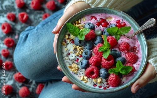 Top view of hands holding a homemade acai bowl garnished with raspberries, blueberries, and chia seeds, perfect for a healthy meal photo