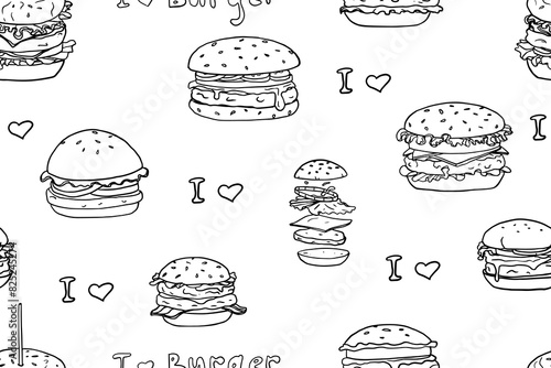Seamless pattern of burgers in doodle style. Love hamburger. Hamburger, cheeseburger, fast food ingredients. Great for menu design, banners, sites, packaging. Hand drawn vector illustrator