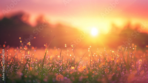A photograph of a sunrise over a spring field  with dewdrops on the grass  mist rising  and a soft pink and orange sky. Background of a distant forest with morning light. Soft  ethereal lighting