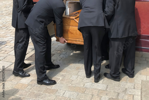 Obraz na plátne Men of funeral service loading the coffin into the hearse