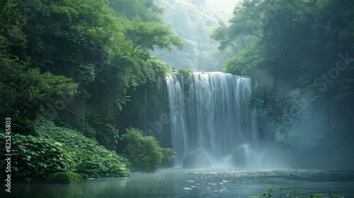 Tranquil Oasis  Majestic Waterfall Amid Verdant Wilderness