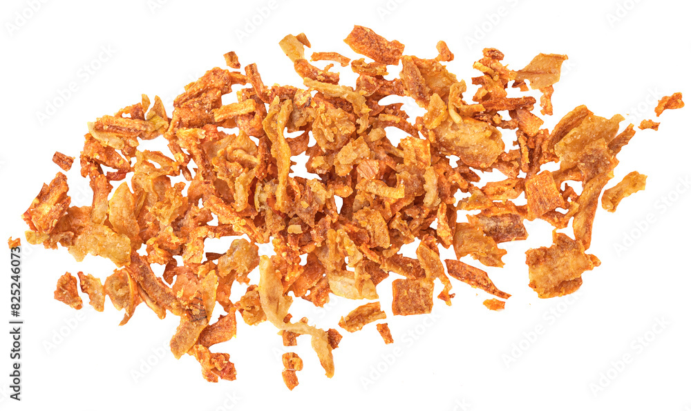 Pile of crispy fried onions isolated on white. Crunchy Roasted Onion flakesTop view. Flat lay. Pile of crispy fried onions isolated on white. Crunchy Roasted Onion flakesTop view. Flat lay.