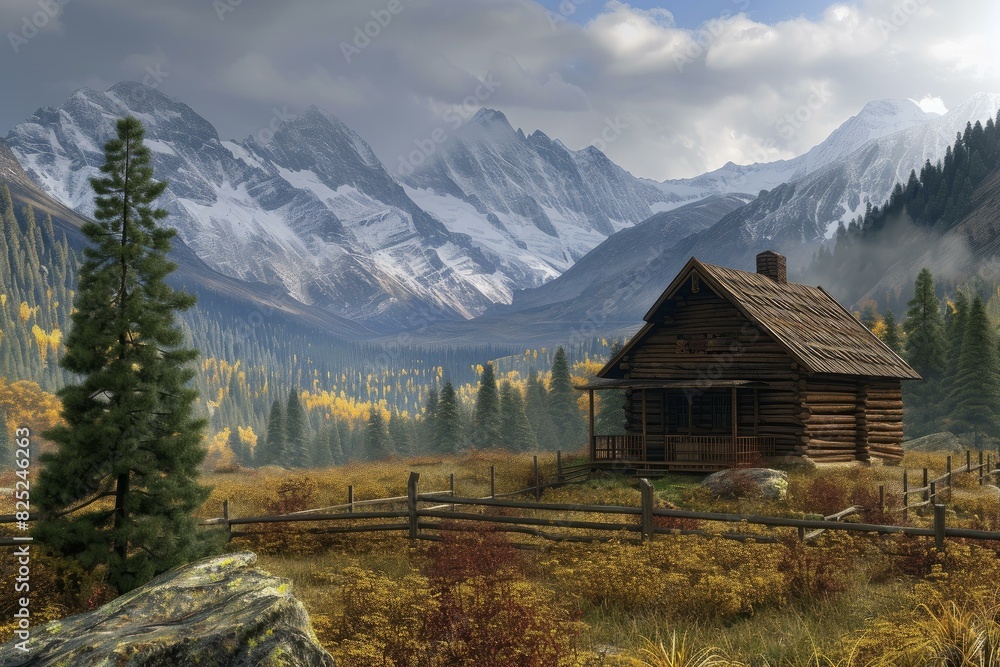 Obraz premium Peaceful wooden cabin among colorful fall foliage with majestic snow-capped mountains in the background