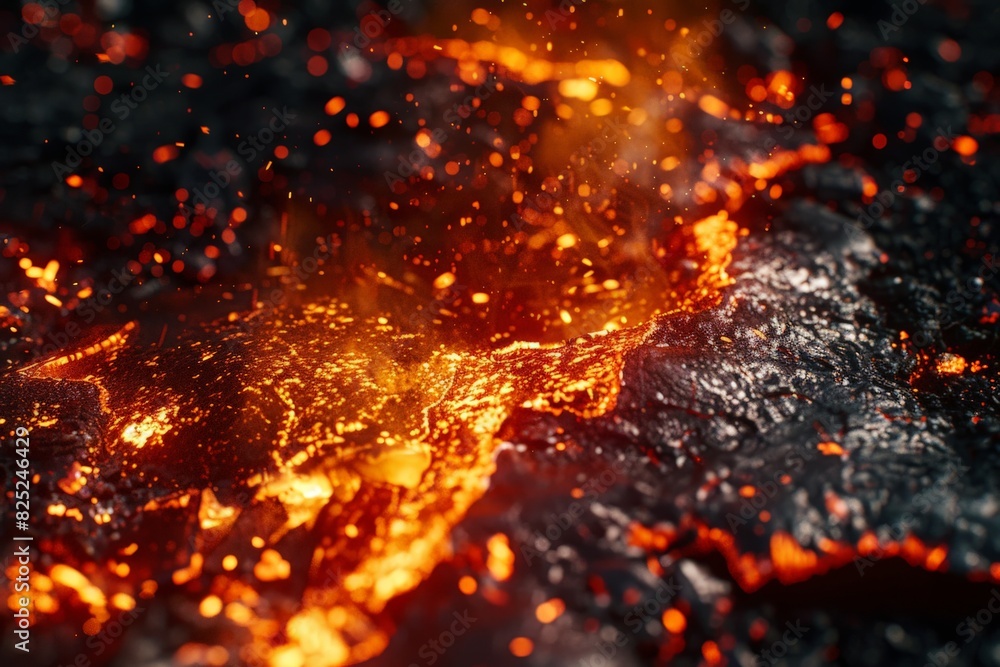 Volcanic eruption, lava flowing over hot coals. Volcanic eruption, lava flowing over hot coals.