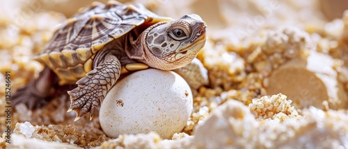 A baby turtle hatching from its egg on the beach. photo
