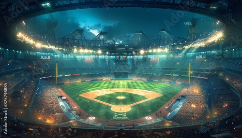 A baseball stadium with a crowd of people watching a game by AI generated image photo
