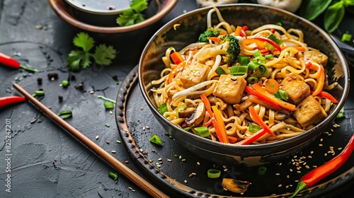 Vegetarian Kee Mao Stir-Fried Noodles: A picture of Chinese noodles stir-fried with fresh vegetables, mushrooms, and vegetarian tofu, with oyster sauce or vegetarian seasoning sauce